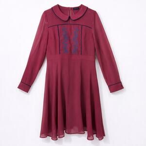 ModCloth Burgundy Long Sleeve Fit Flare Dress Peter Pan Collar Embroidery L 38"